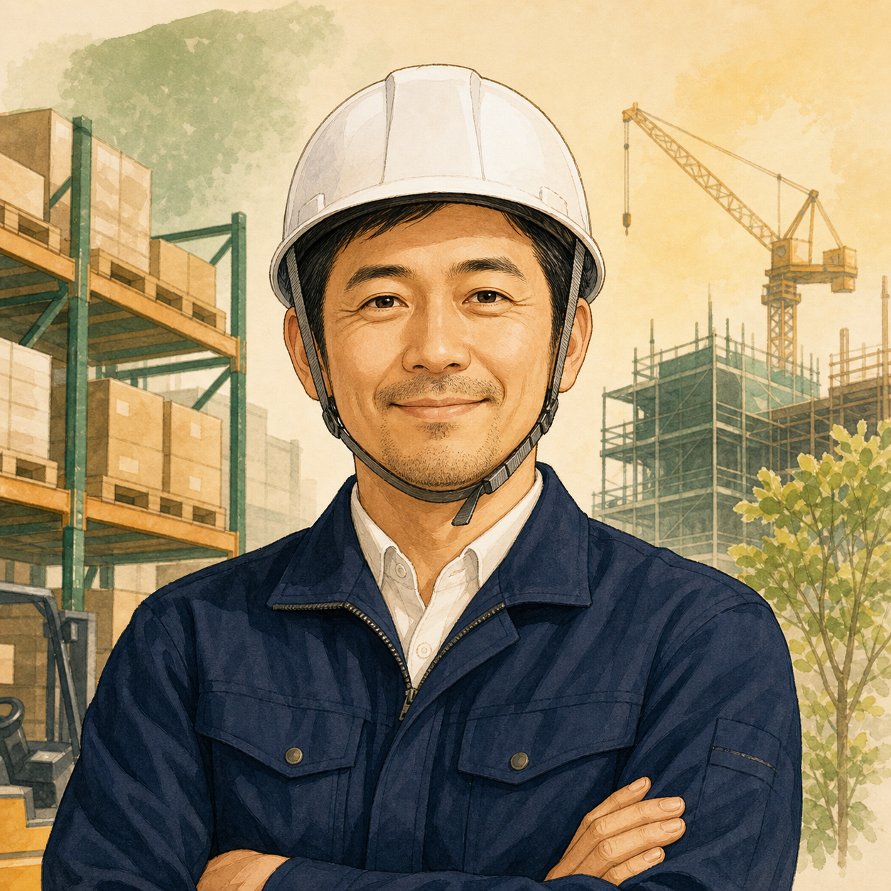 建設現場と物流倉庫を背景にした運営者・現場太郎のイラスト