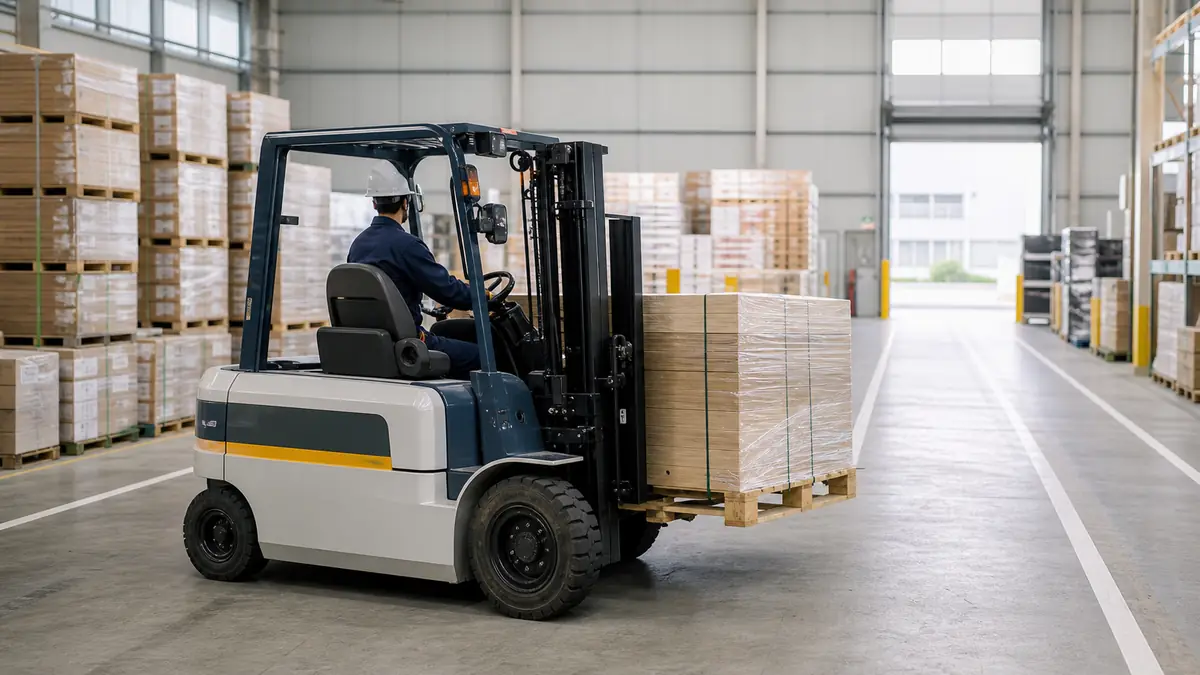 倉庫でパレットに積んだ荷物を運ぶフォークリフトと運転する作業員
