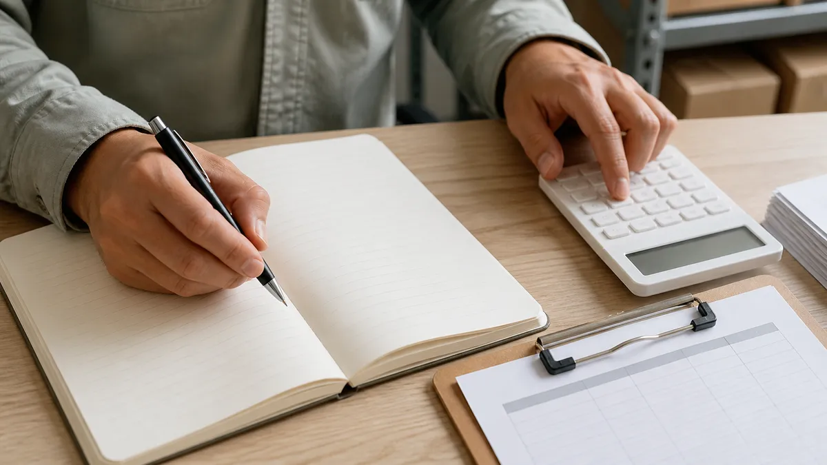 ノートに数字を書き出しながら電卓を使う手元