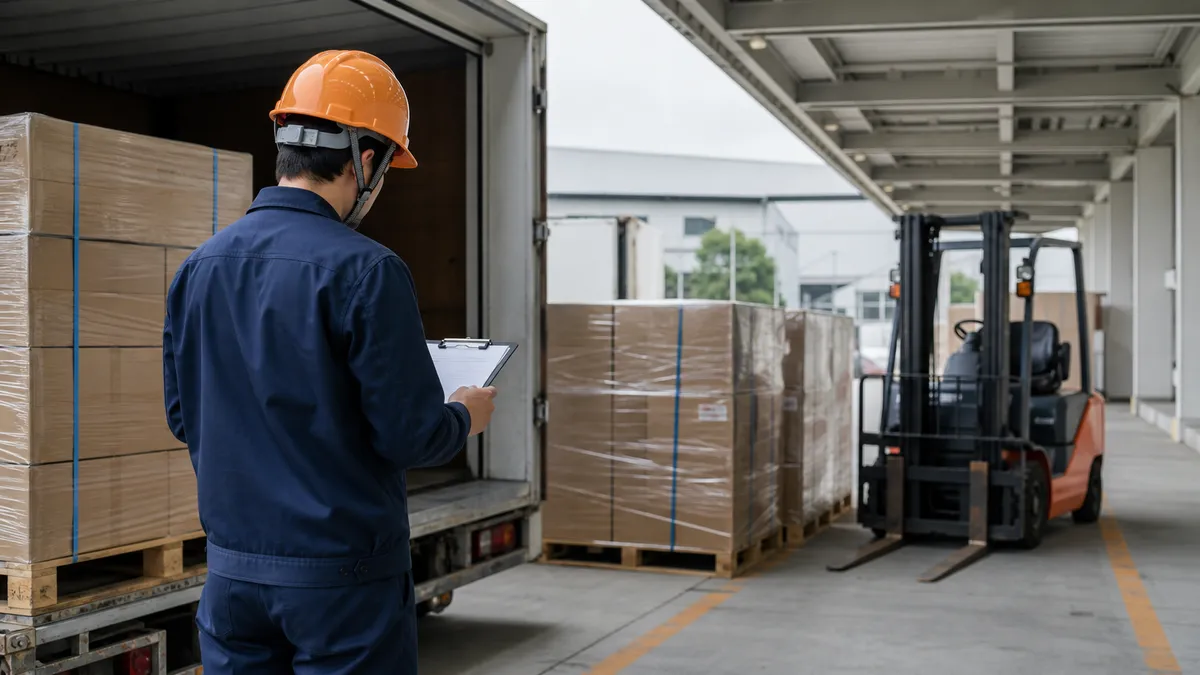 倉庫の荷受け場でパレットの前に立ち書類を見る作業服の男性の後ろ姿