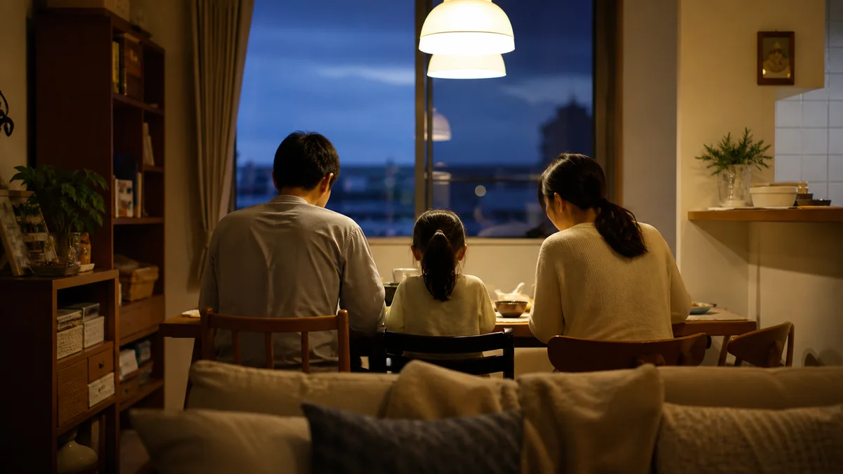 夕方のリビングで食卓を囲む家族の後ろ姿