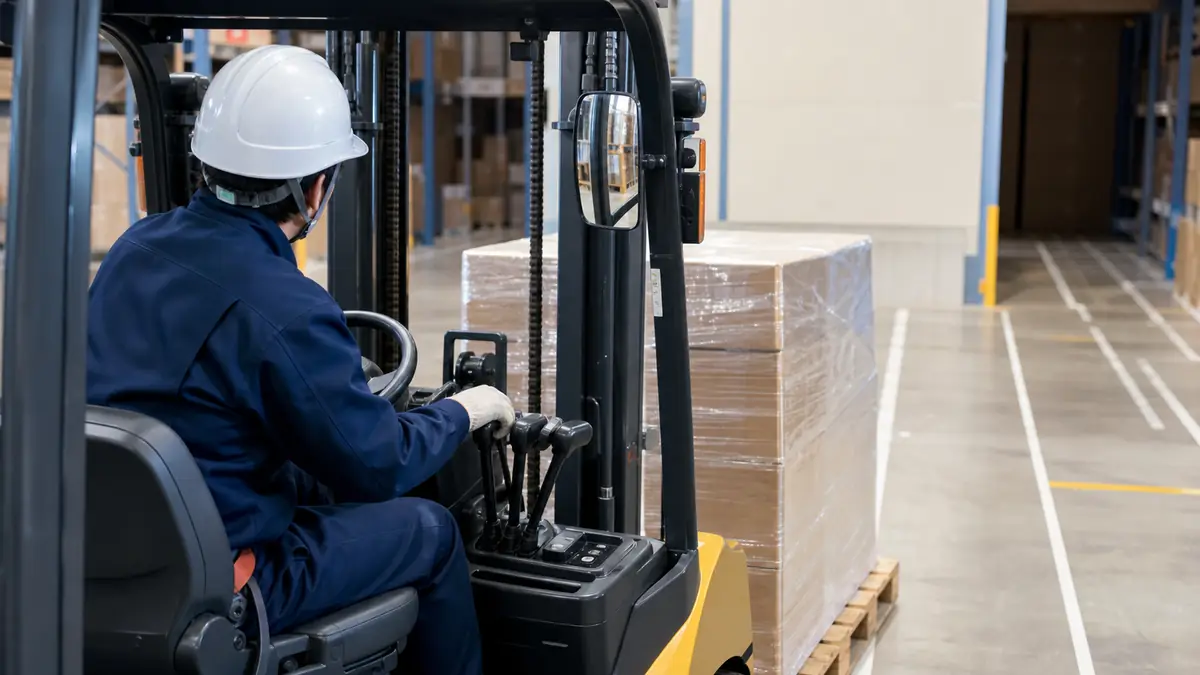 ヘルメットと手袋を着けてフォークリフトを運転し、前方の荷物を確認する作業員