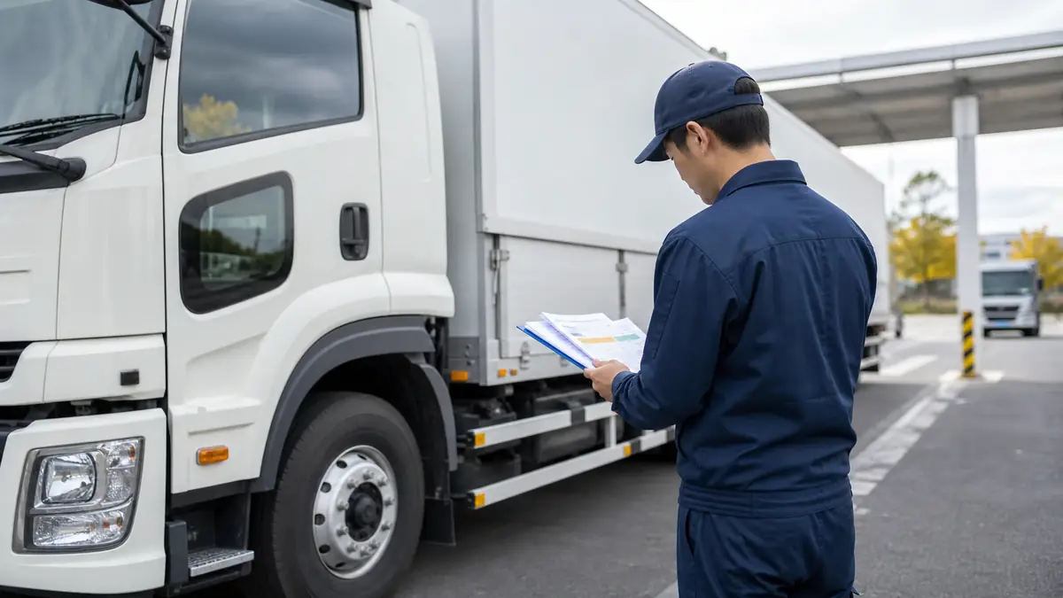 大型トラックの横で書類を確認する作業員