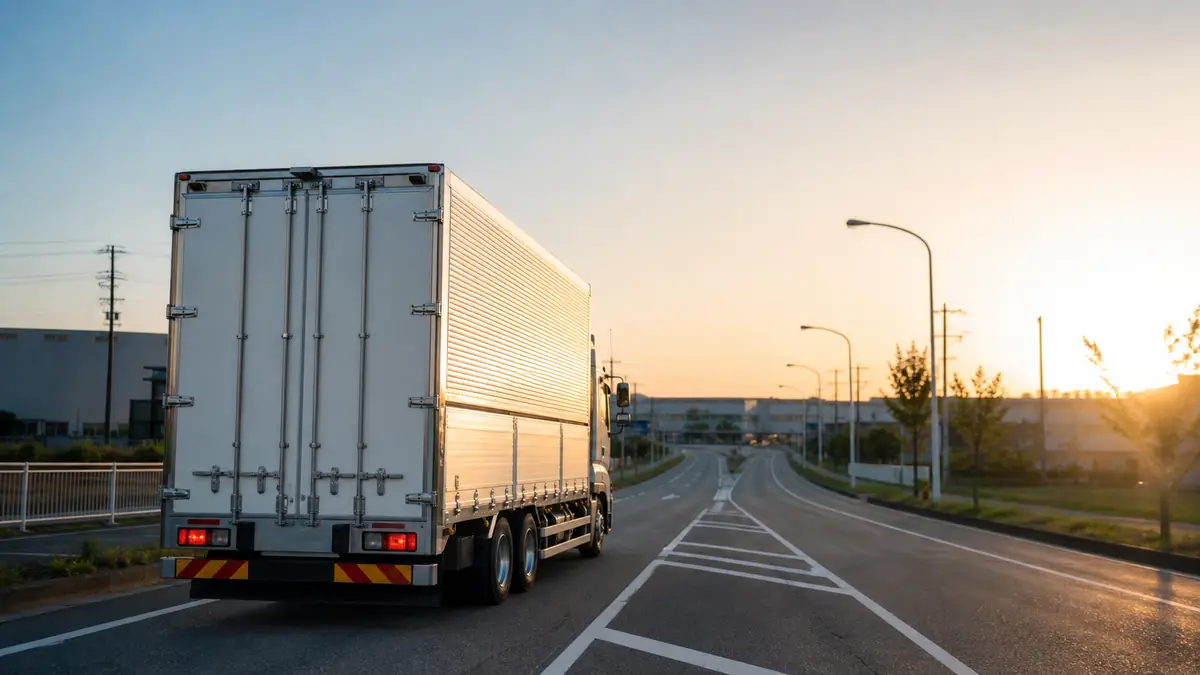朝日の中を道路で安全に走る大型トラックの後ろ姿