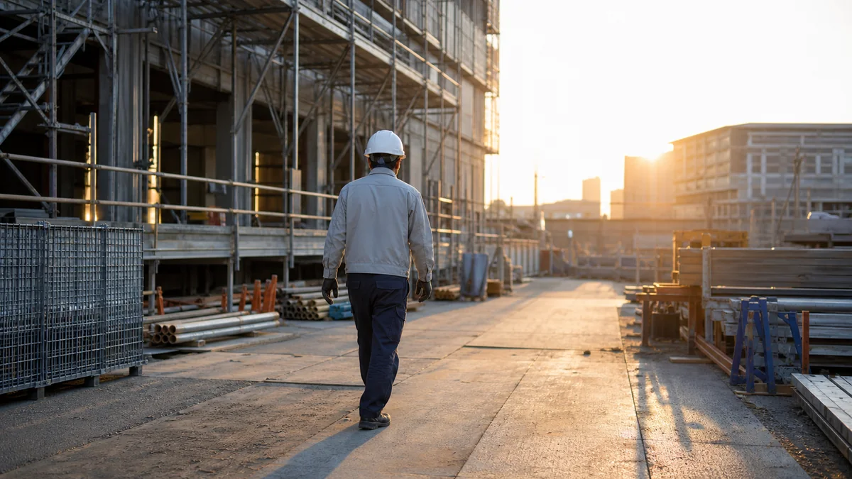 朝日が差す建設現場を歩いていく作業服の男性の後ろ姿