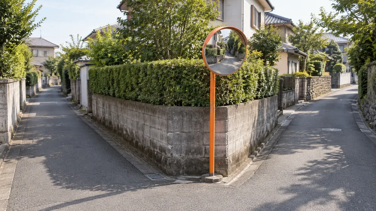 住宅街の狭い曲がり角に立つカーブミラー
