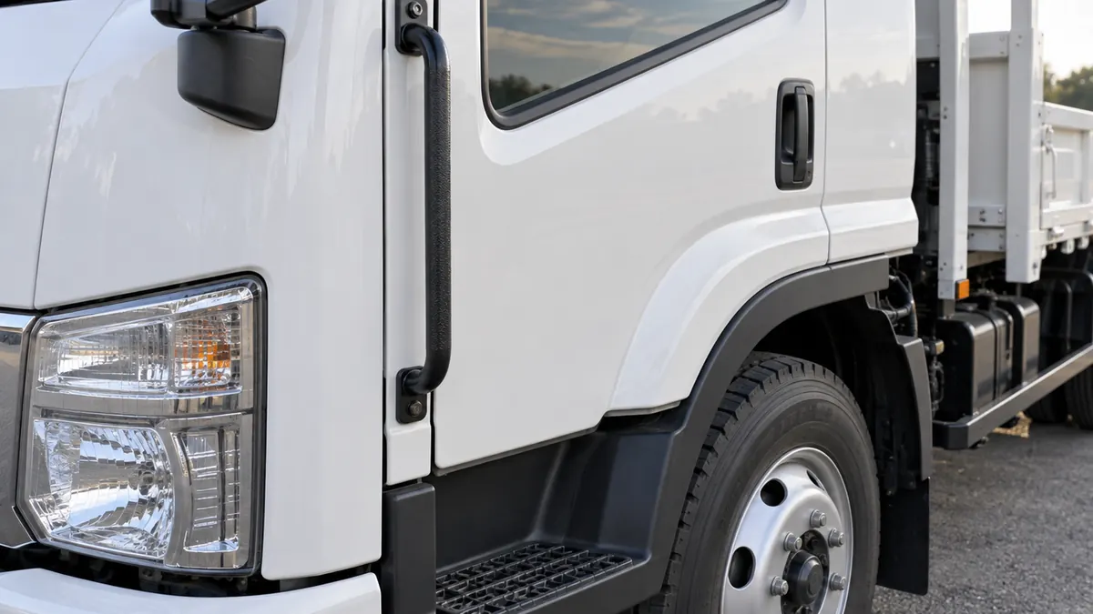 小型トラックの運転席の下にある乗り降り用のステップと手すり