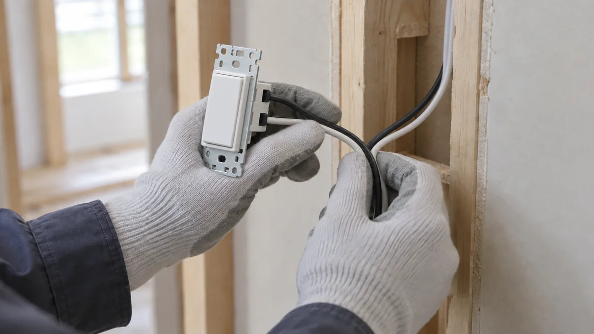 手袋をした手で、壁の中から出た黒と白の電線をスイッチにつなぐ手元