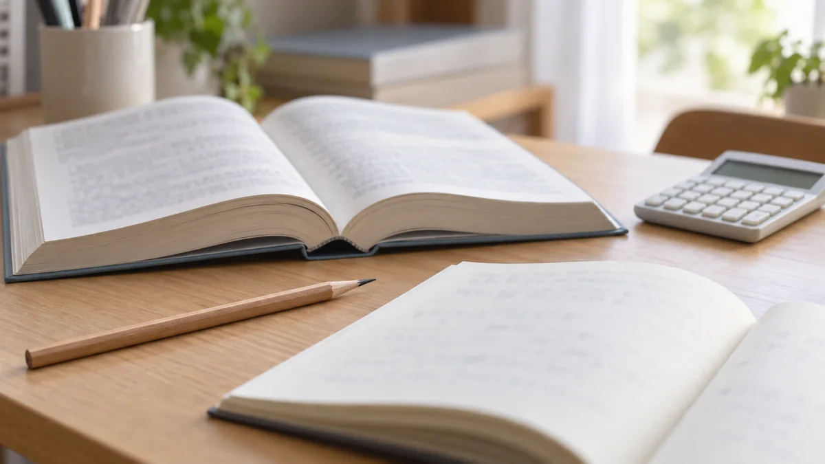 机の上に開いた参考書とノート、鉛筆と電卓