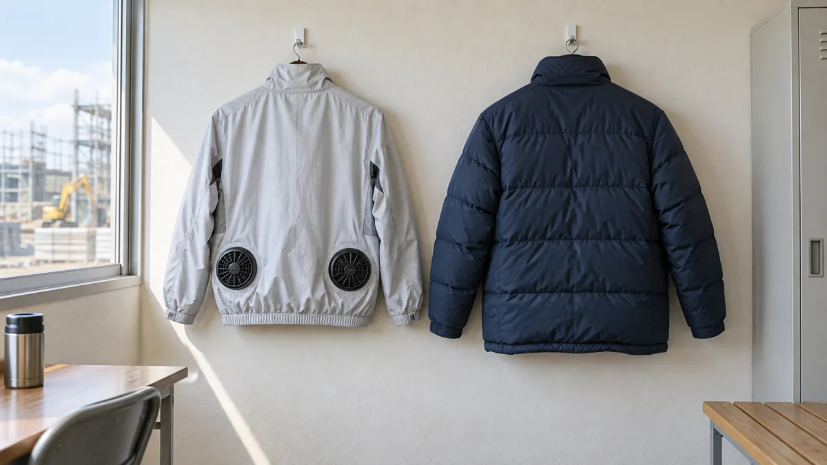 休憩所の壁に並んで掛かった、ファン付きの作業着（空調服）と防寒ジャンバー