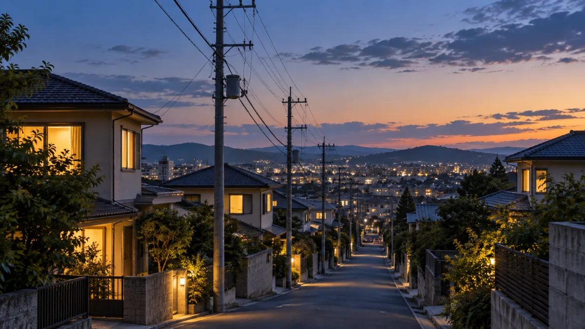 夕暮れの住宅街に続く電柱と電線、明かりのともった家々の窓