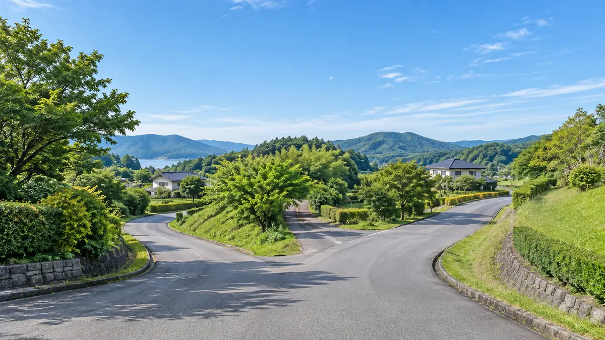 山あいの町で、道が二手に分かれる分かれ道