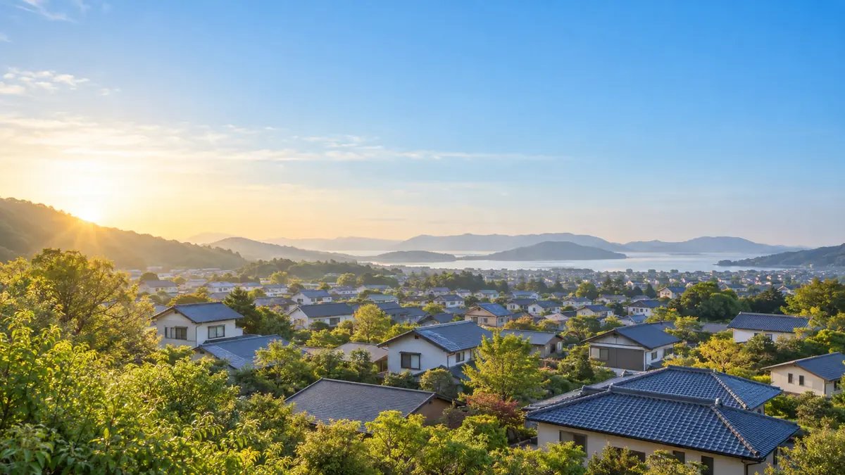 朝日が差す住宅街を高台から見下ろした景色
