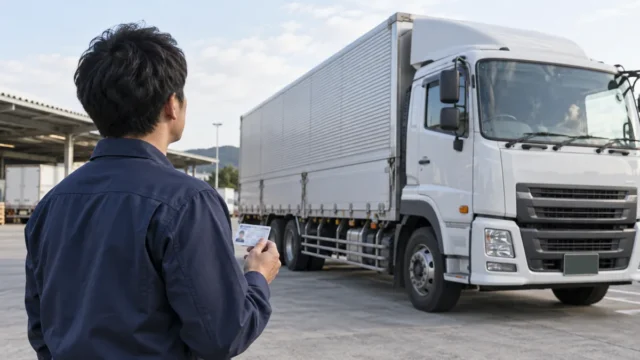 大型トラックの前で免許証を手に持つ男性の後ろ姿
