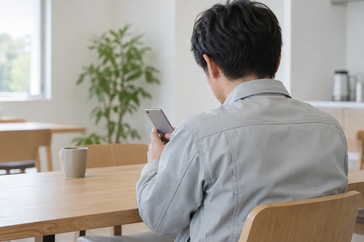 休憩スペースでスマートフォンを見ている作業着の男性の後ろ姿