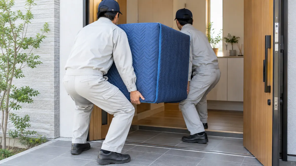 一戸建ての玄関で、作業服の2人が毛布でくるんだ家具を両側から持って運び入れている後ろ姿