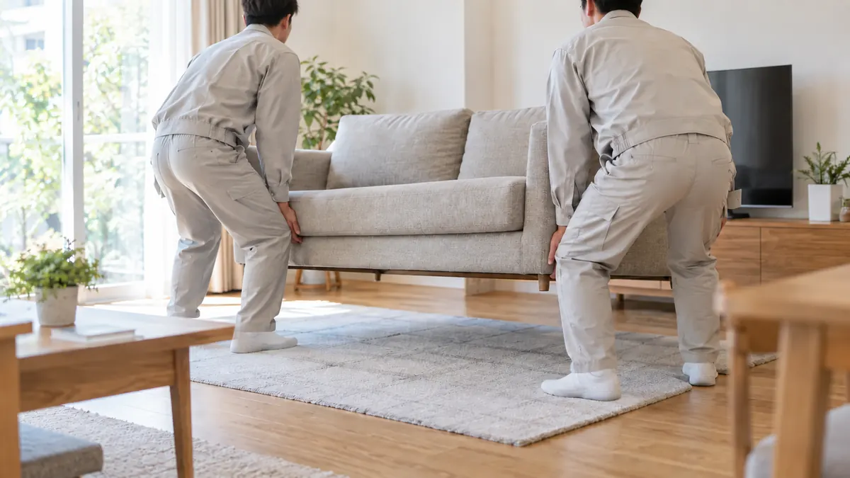 明るいリビングで、作業服の2人がソファの両端を持って持ち上げている様子