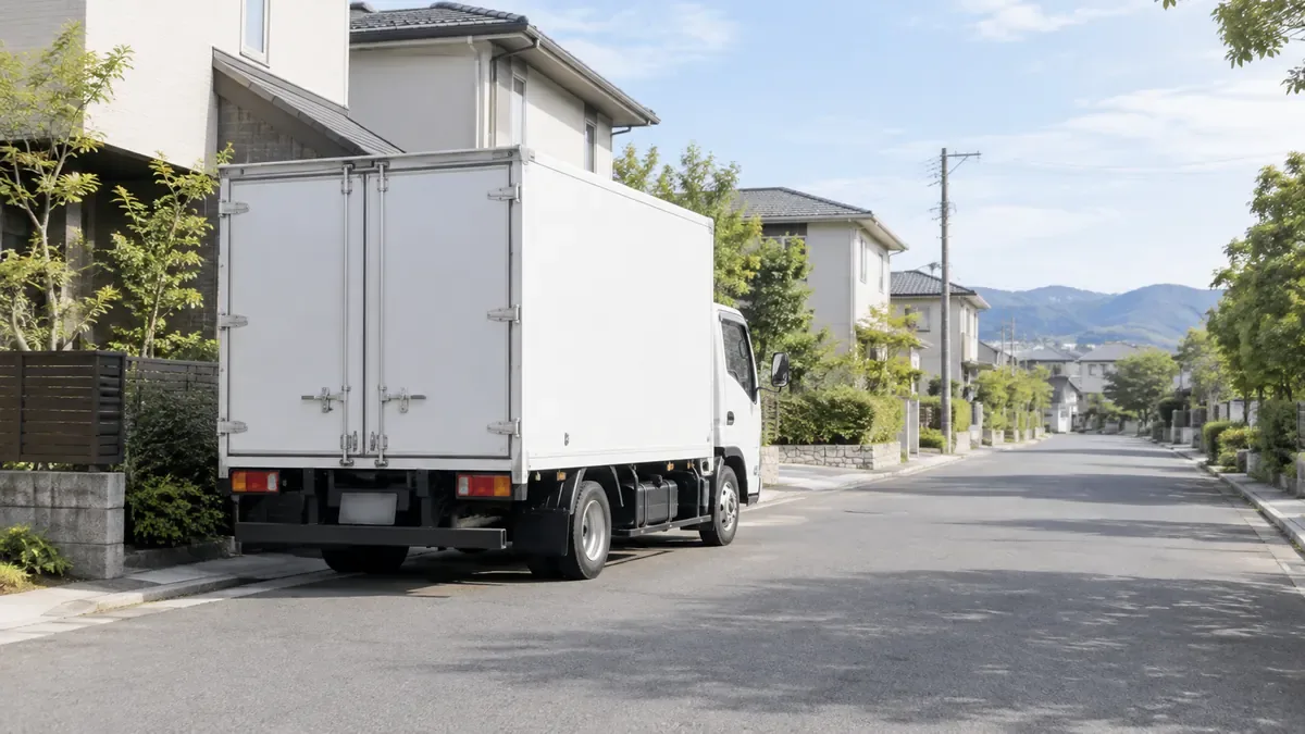 朝の住宅街の道に停まっている白い箱型の2tトラックを斜め後ろから見た景色