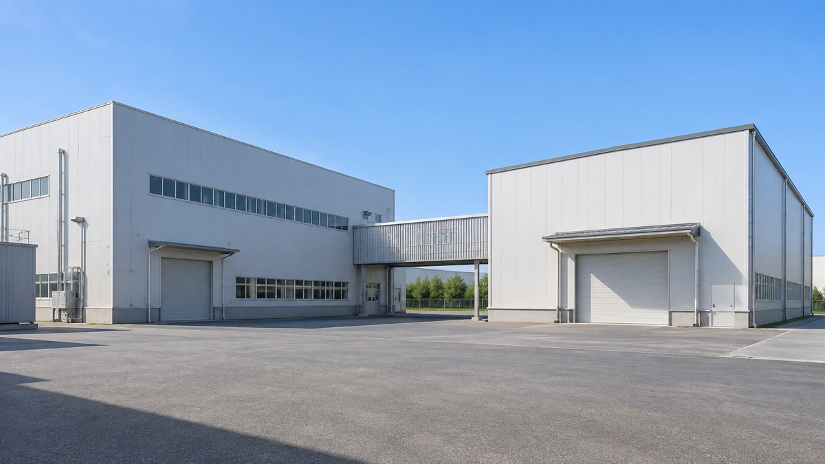 工場の建物と、屋根付きの通路でつながった倉庫の建物