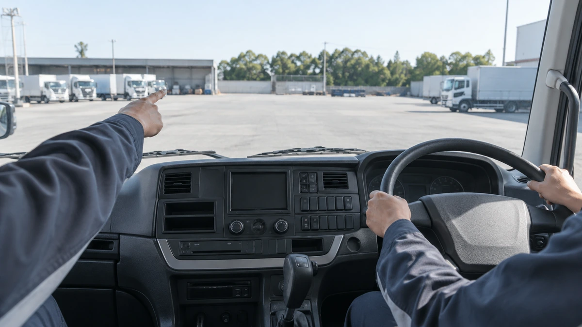 大型トラックの運転席でハンドルを握る手元と、前を指さして教える先輩の手