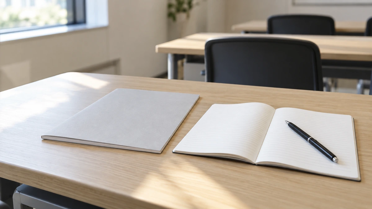 研修室の机に置かれた冊子と、ペンをのせたノート