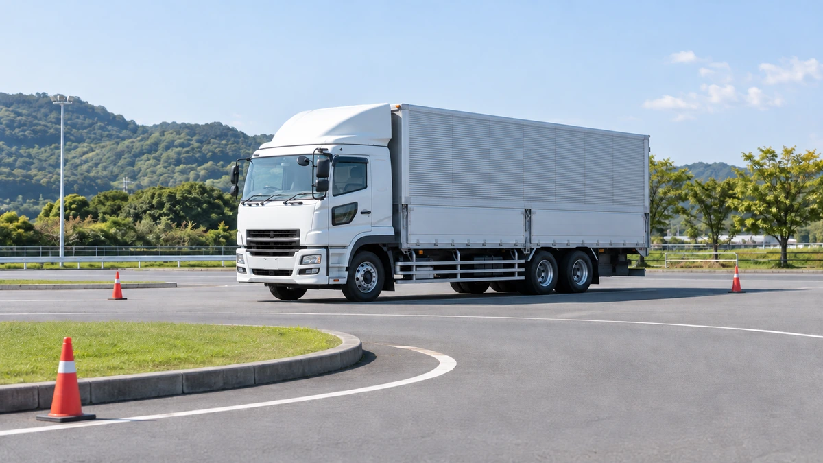 教習所のコースに停まっている大型ウイング車