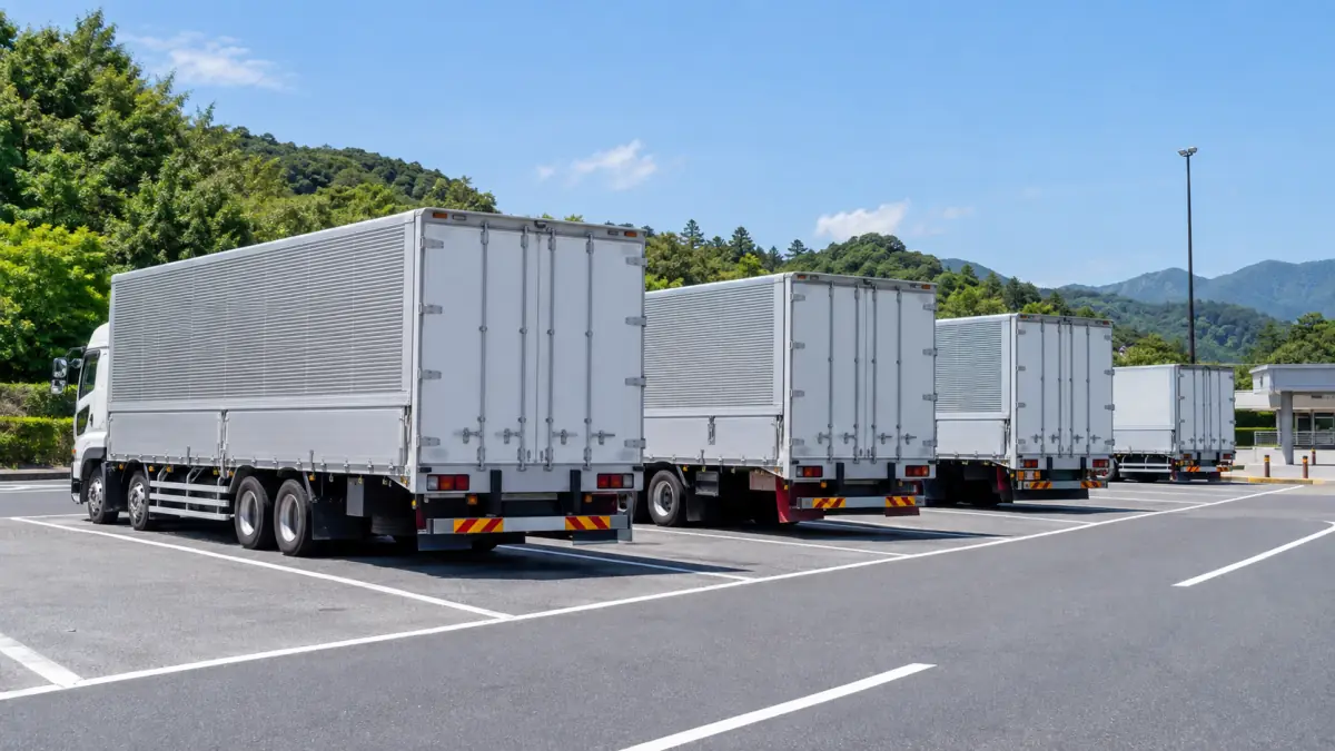サービスエリアの駐車スペースに並んで停まる大型トラック