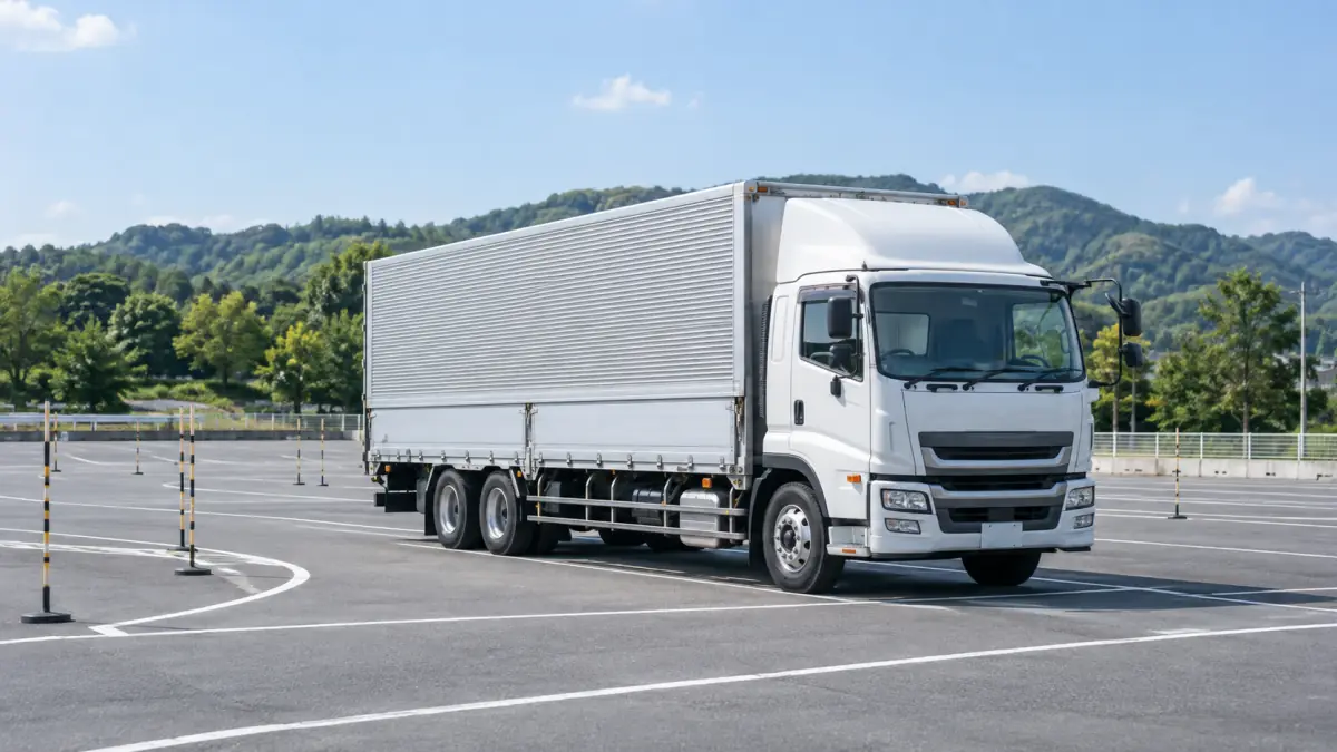 自動車教習所のコースに停まる大型トラックとポール