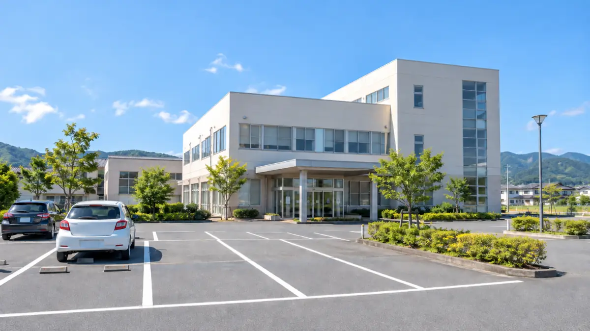晴れた日の自動車学校の建物と駐車場
