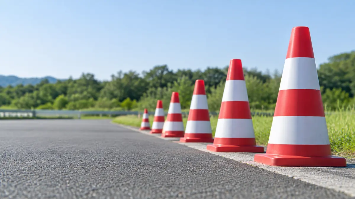 教習所のコースの端に並んだ赤白の三角コーン