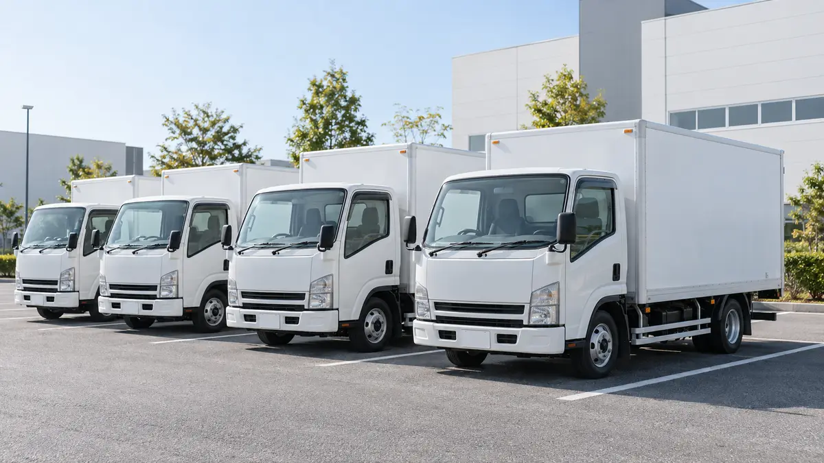 配送センターの駐車場に並んだ白い2tの箱型トラック