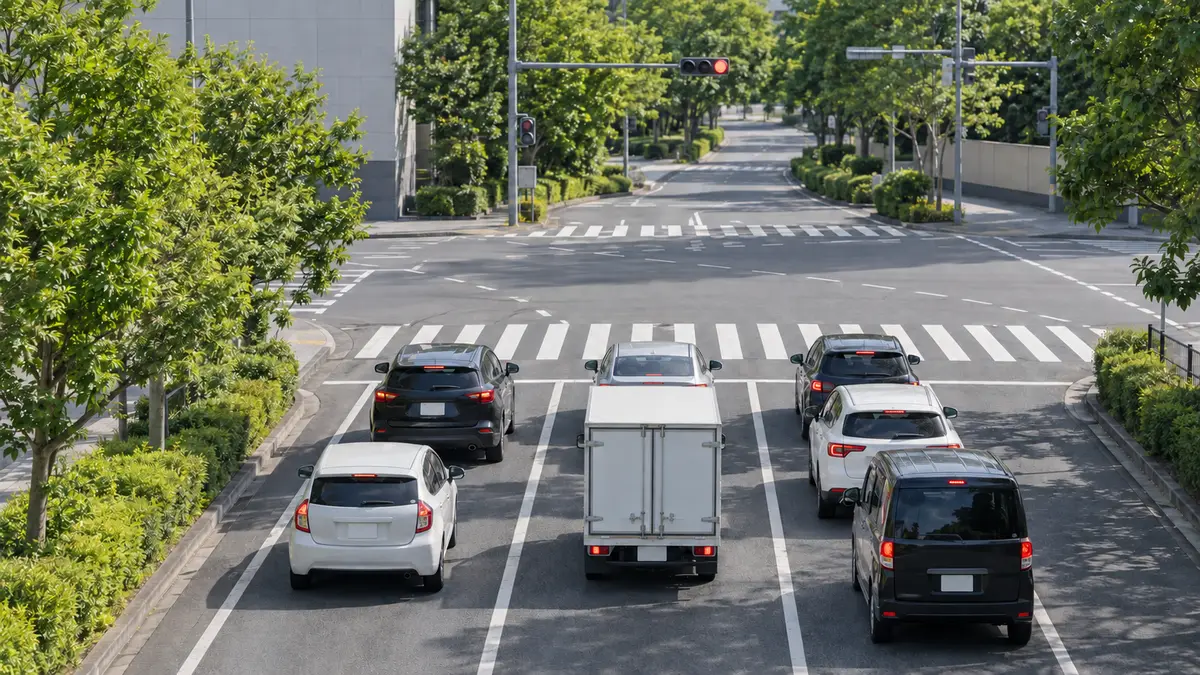 歩道橋から見た、昼間の交差点で信号待ちをする車の列