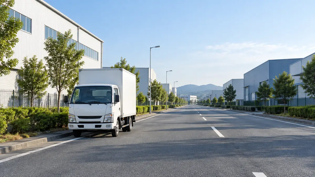 工場や倉庫が並ぶ朝の道に停まった2tトラック