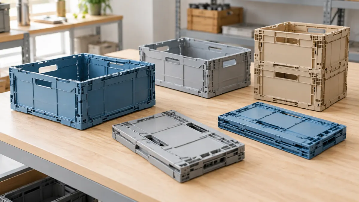 作業台の上に並んだ、色の違う折りたたみ式のプラスチックコンテナ