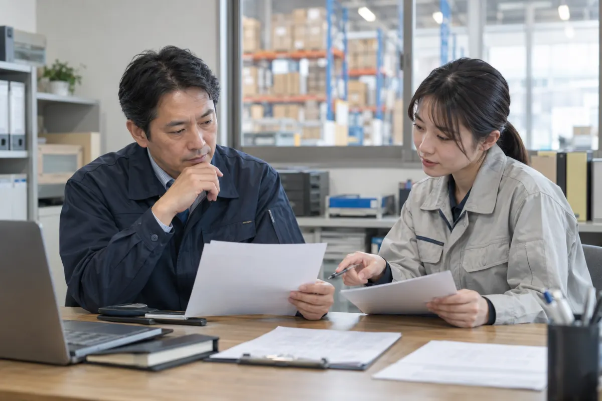 倉庫事務所で書類を見ながら話す管理者と作業者
