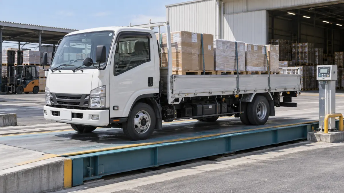 台貫（トラックスケール）の上に停まった、荷物を積んだ2tクラスの小型トラック
