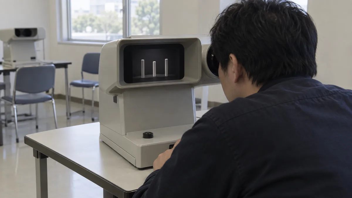 三本の棒が並ぶ奥行知覚検査器をのぞき込む受検者