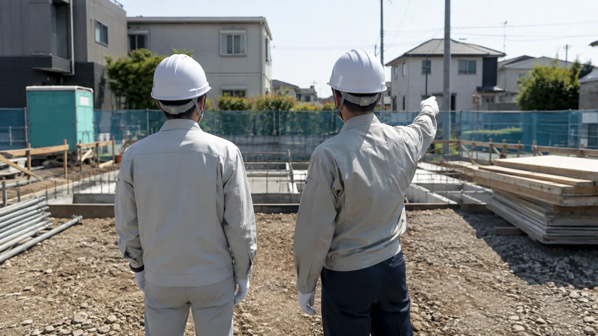 現場で先輩から説明を受けている作業員の後ろ姿