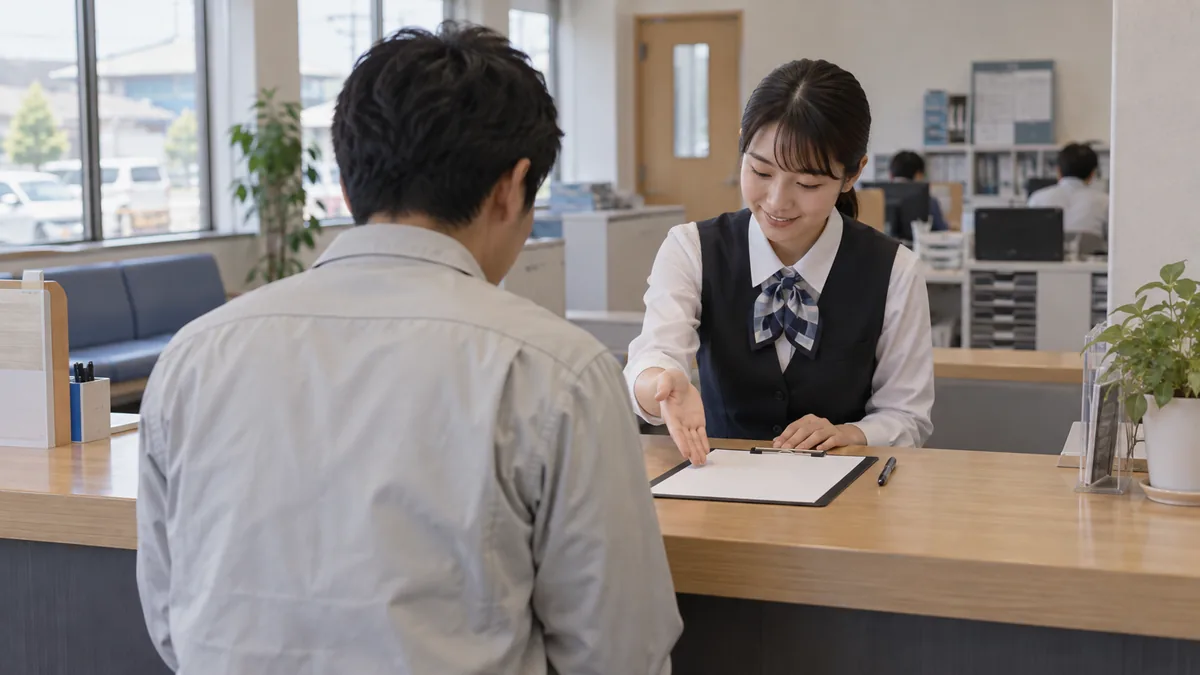 教習所の窓口で係員に案内されている受検者