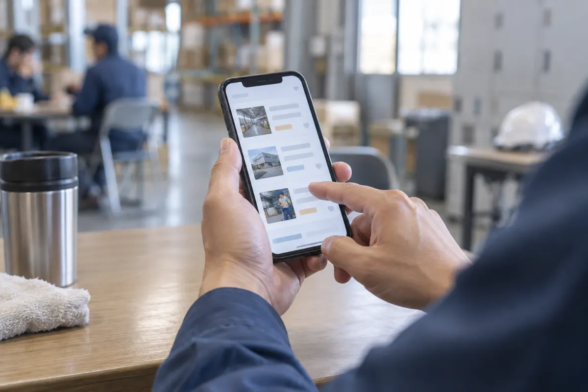スマートフォンで求人情報を見ている手元