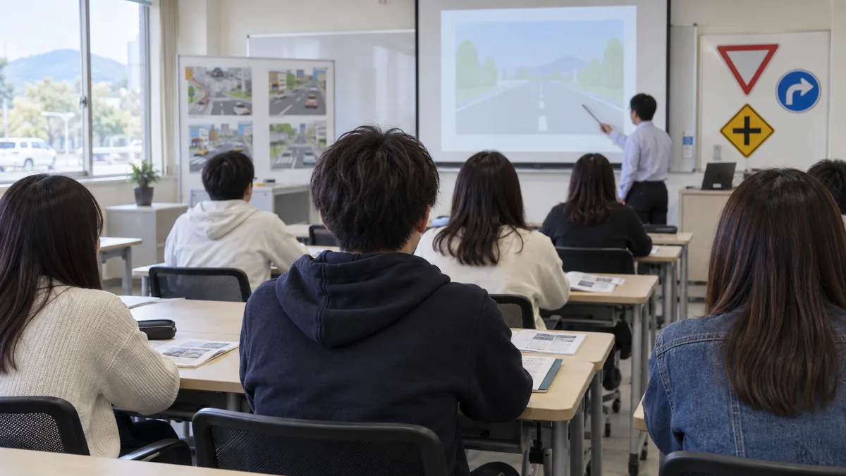 教習所の教室で座学を受けている若い受講者たち