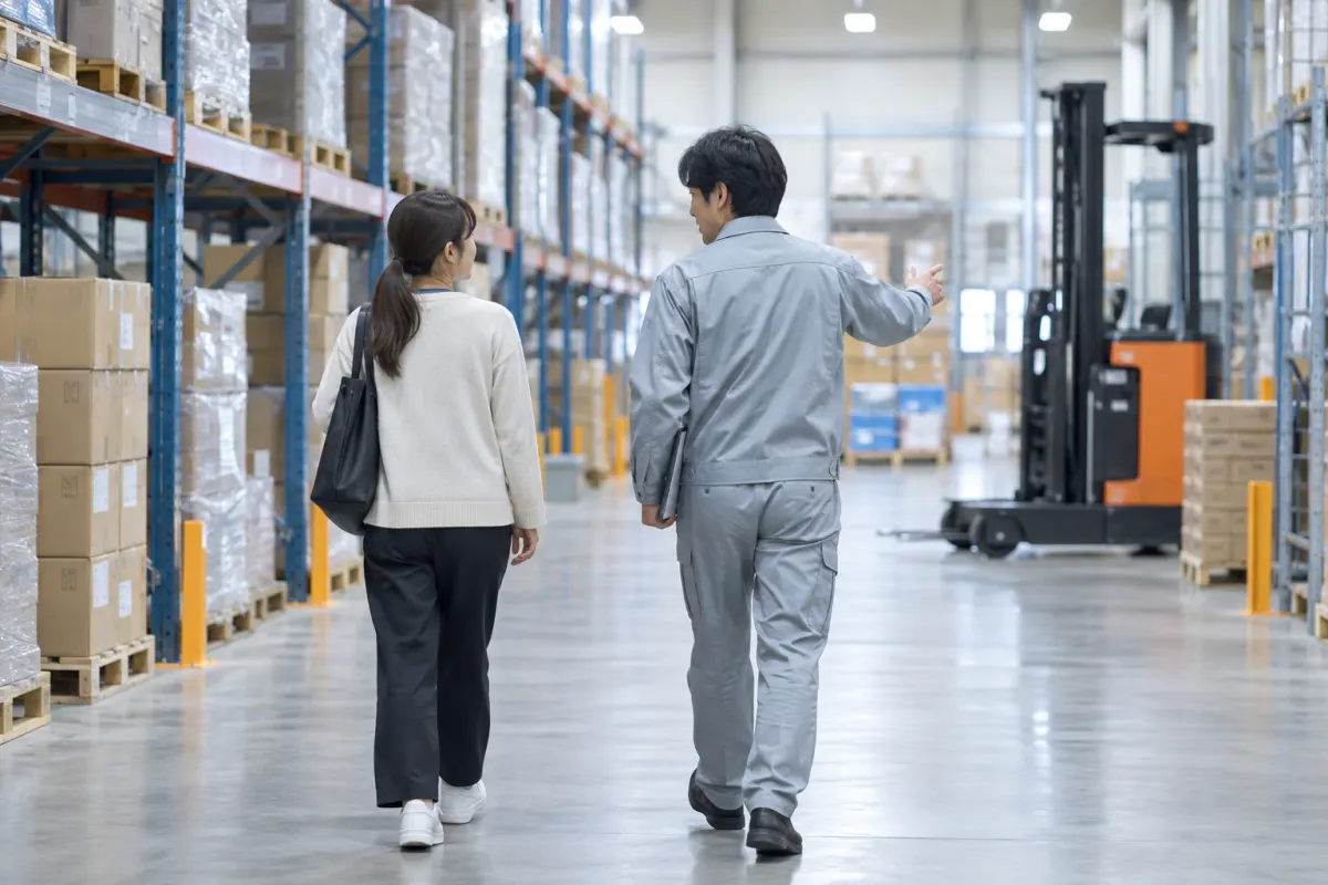 倉庫内を案内されながら見学している応募者