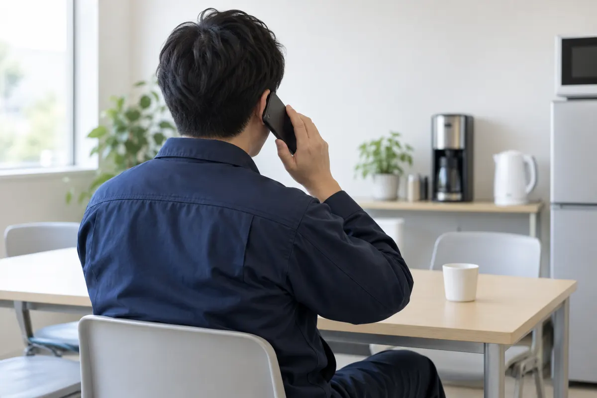 休憩室でスマートフォンを使って電話をかけている作業着の男性