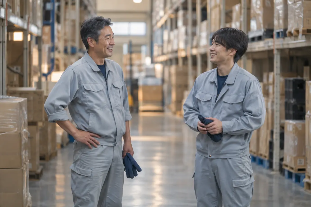 倉庫の通路で作業を終えて話す2人の作業者