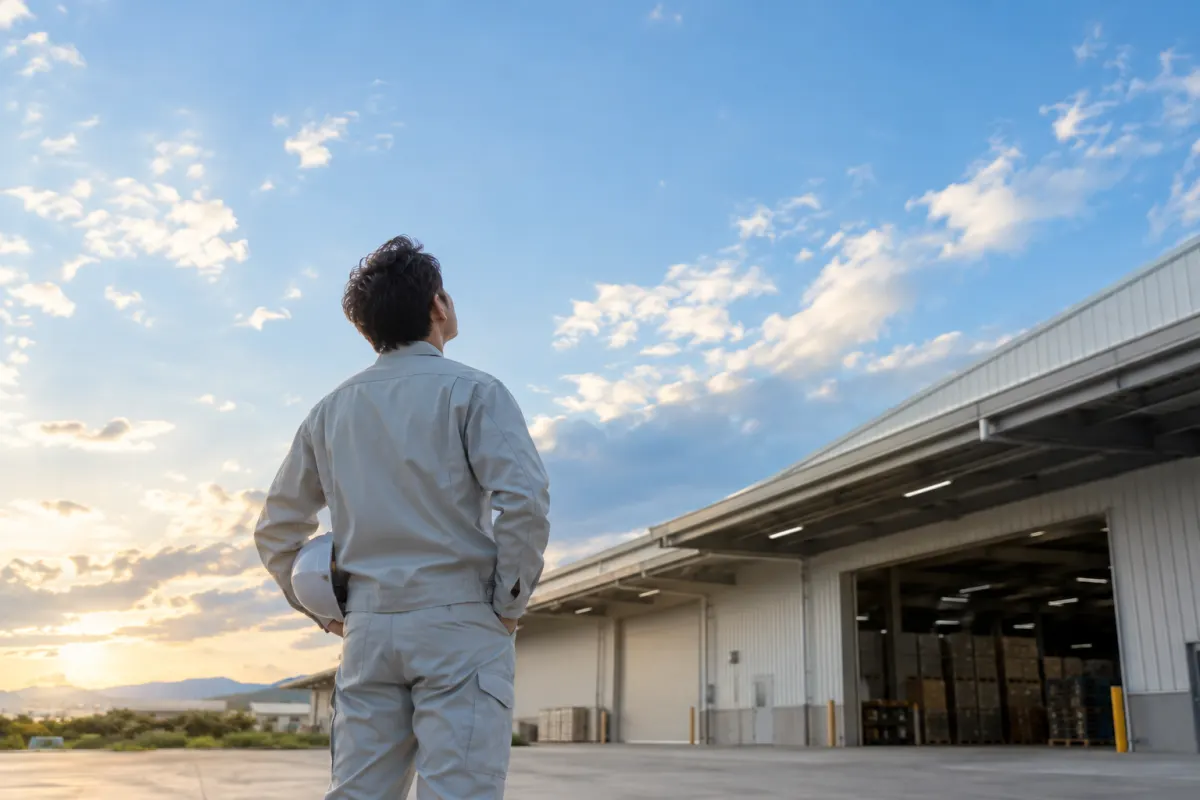 倉庫の外に出て空を見上げる作業服の人