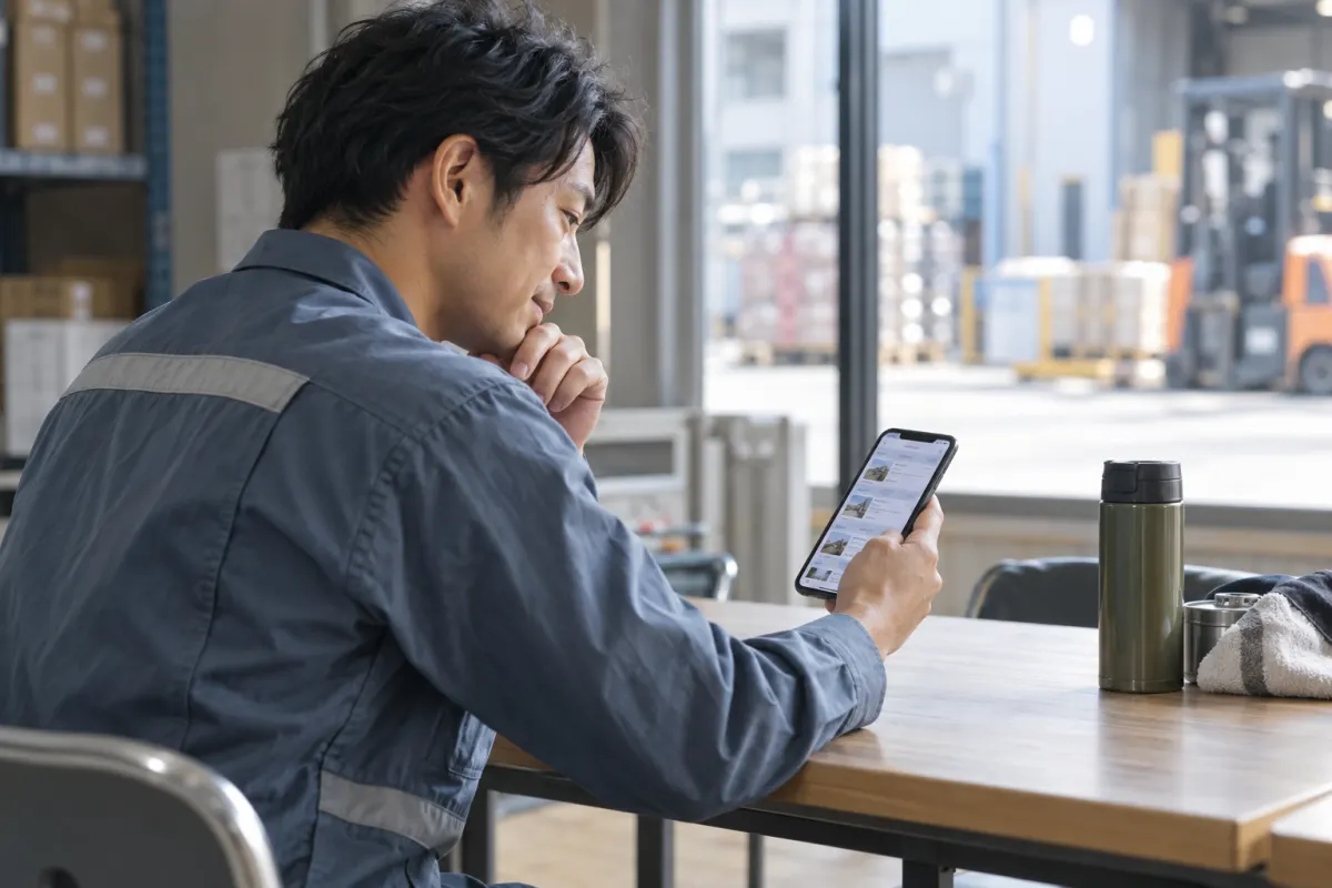 休憩時間にスマートフォンで求人を探している作業者