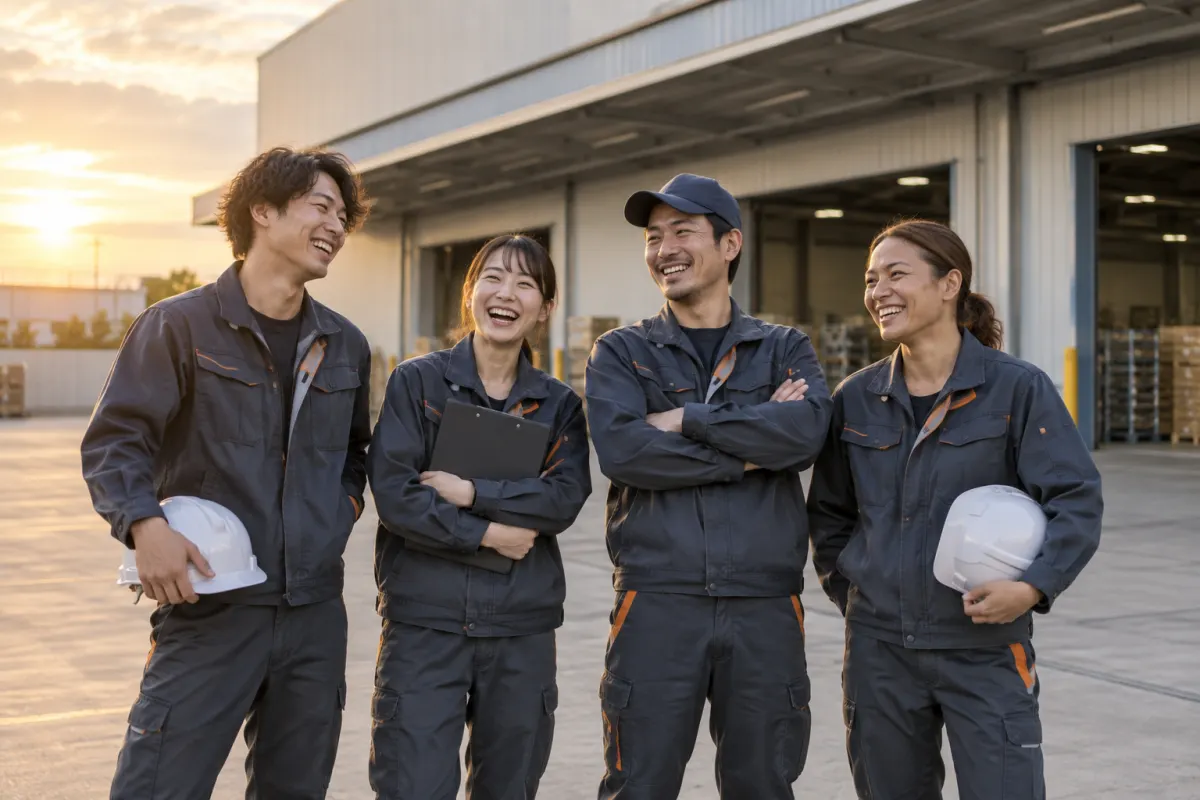 作業を終えて倉庫の前に立つ作業者たち