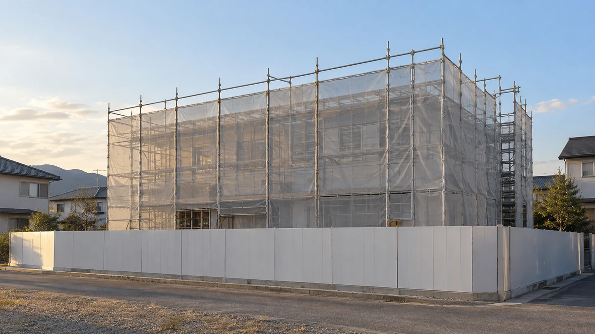 夕方、足場とシートに囲まれた工事中の建物と仮囲い