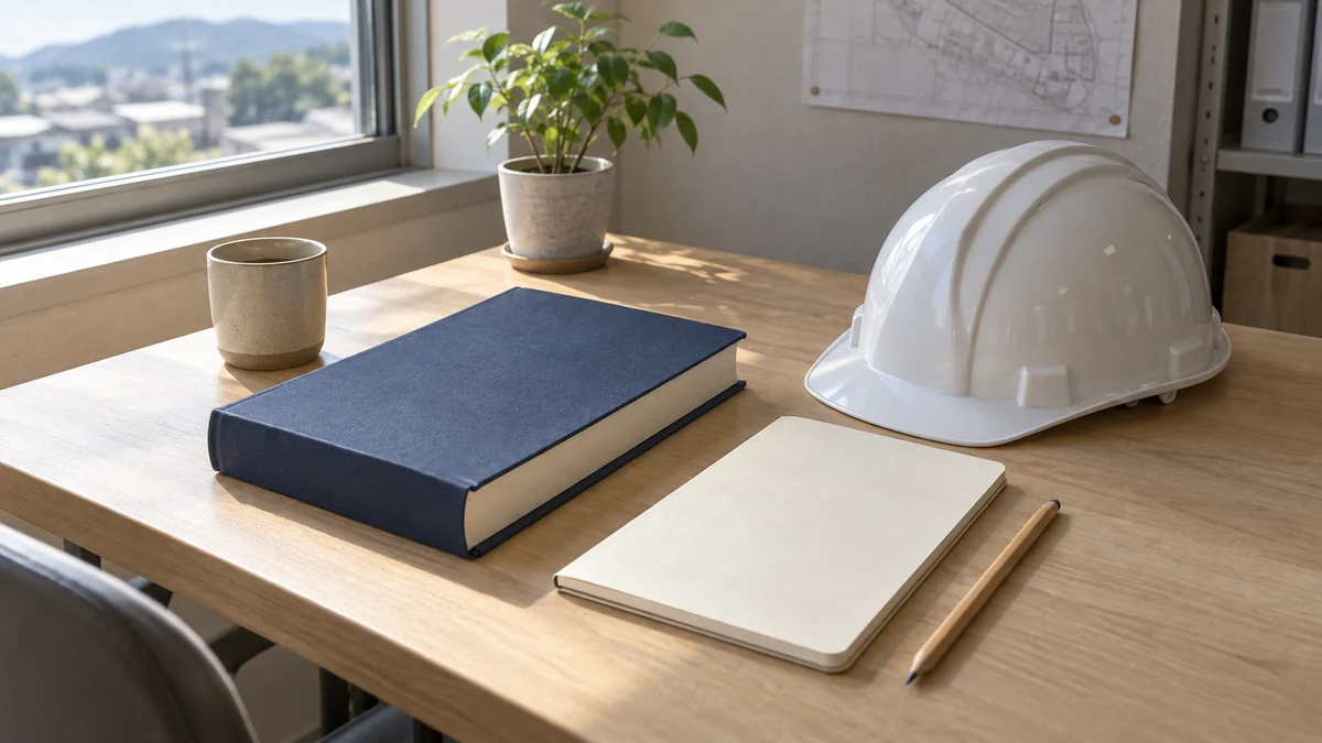 明るい机の上に置かれた参考書とノート、鉛筆とヘルメット