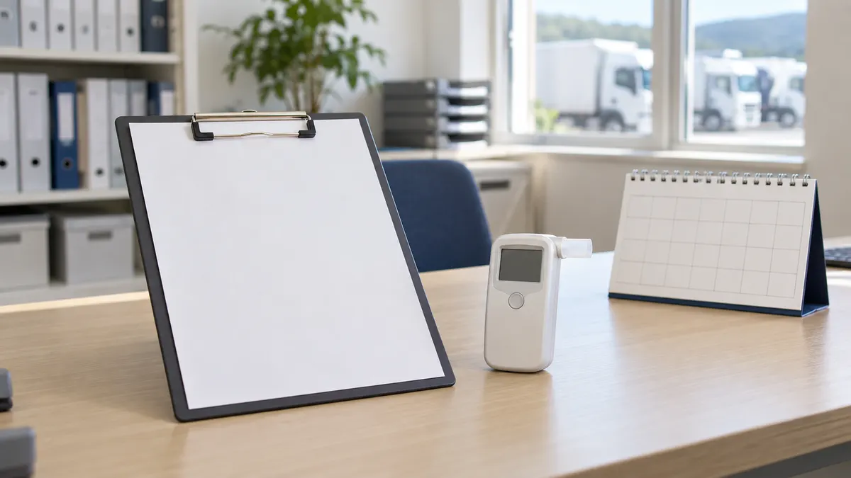 運送会社の事務机に置かれたクリップボードとアルコール検知器